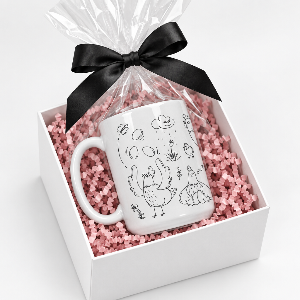 Black line-art chicken mug in gift-box presentation