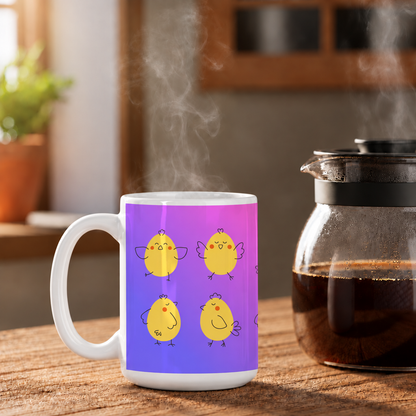 Colors of Chicks mug beside coffee pot