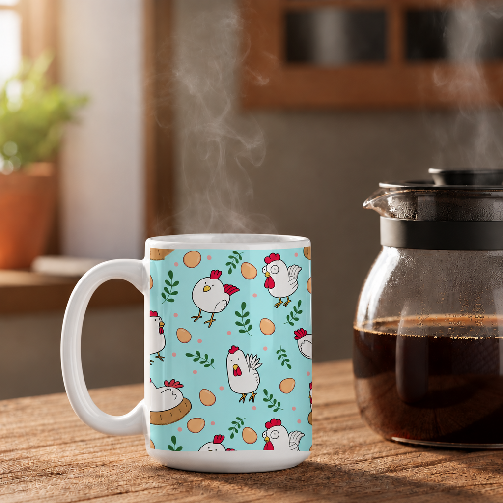 Crazy Chicken Mug beside coffee pot