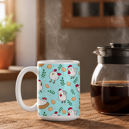 Crazy Chicken Mug beside coffee pot
