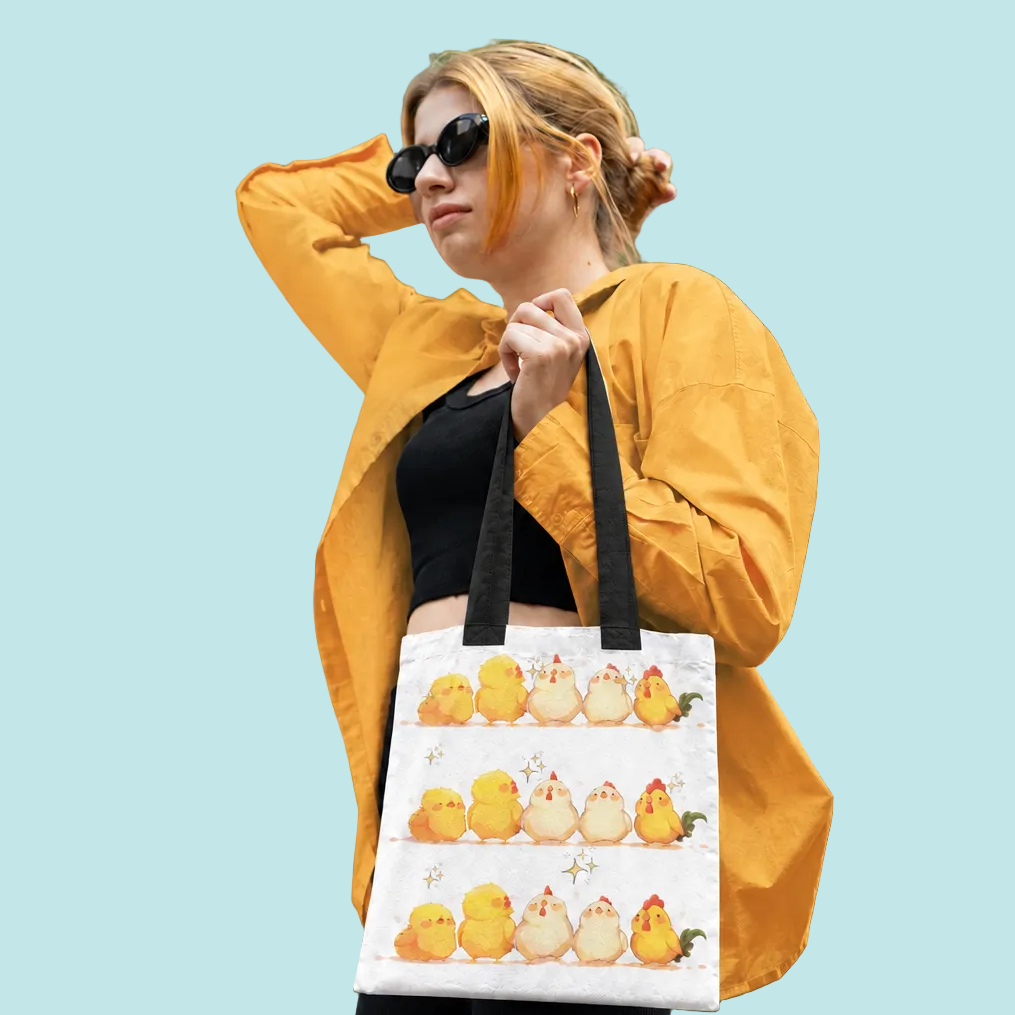 Happy Little Hens tote with black handle straps