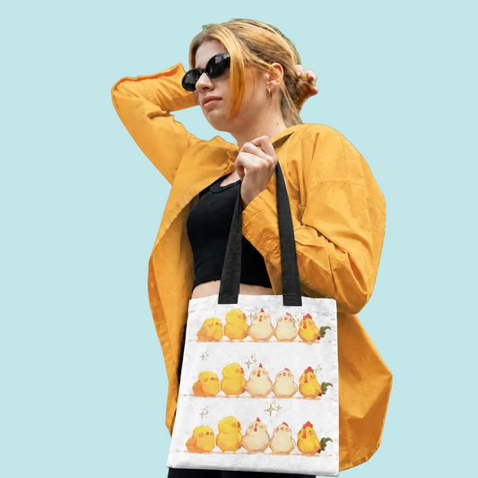 Happy Little Hens tote with black handle straps