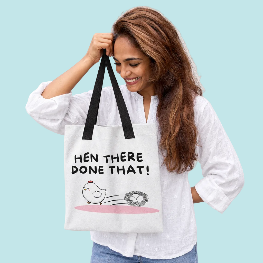 Hen There Done That tote square mockup with light gray background