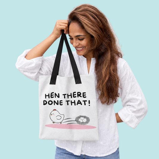 Hen There Done That tote square mockup with light gray background