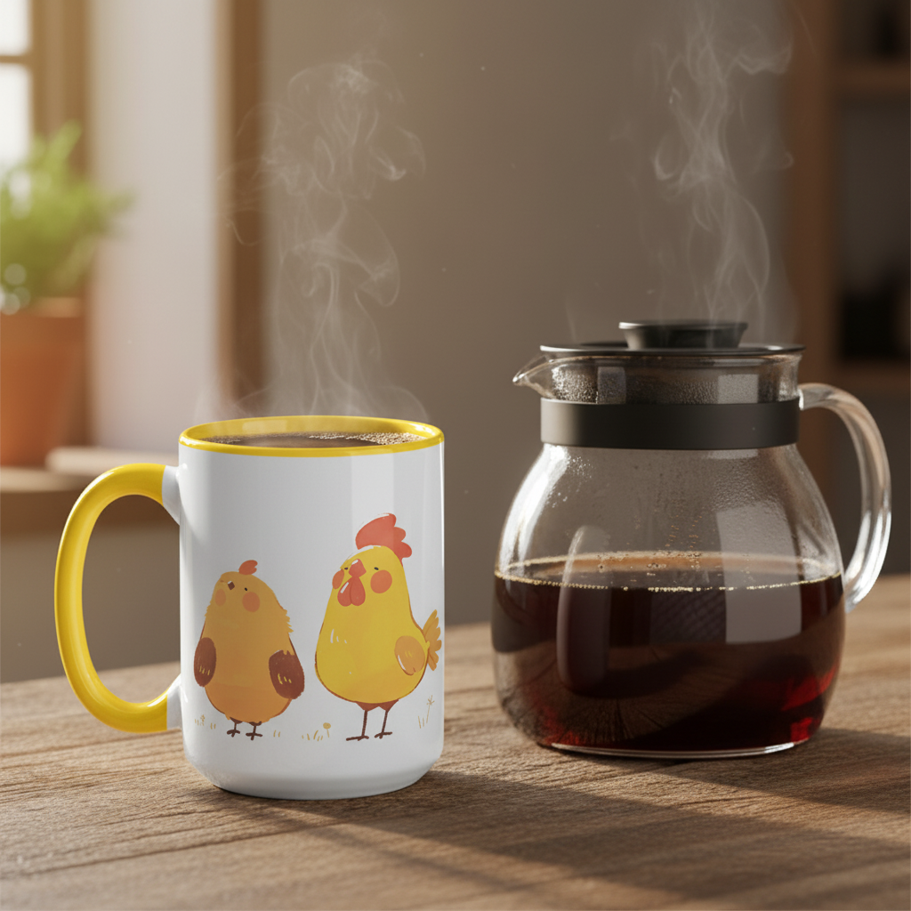 Fat Chickens Mug with steaming coffee pot