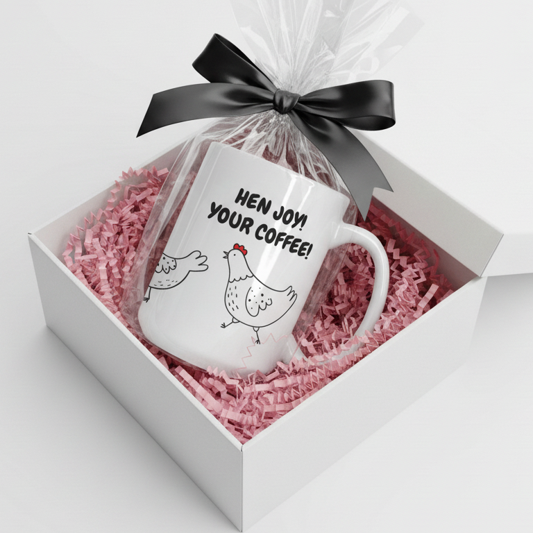 Hen Joy Your Coffee Mug in a gift box with pink crinkle paper and black bow