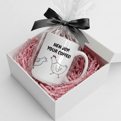 Hen Joy Your Coffee Mug in a gift box with pink crinkle paper and black bow