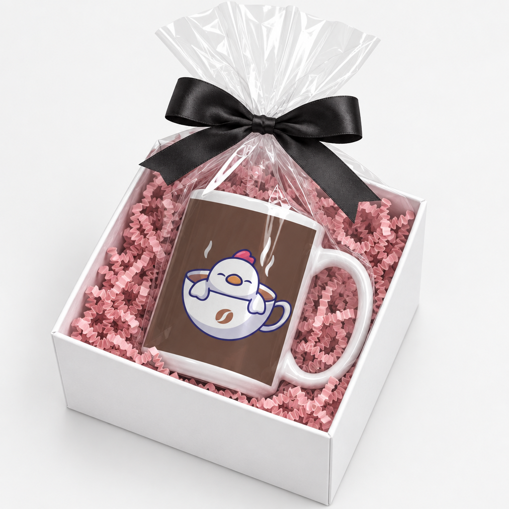 Chickie In Mug presented in a white gift box with pink crinkle paper and a black bow