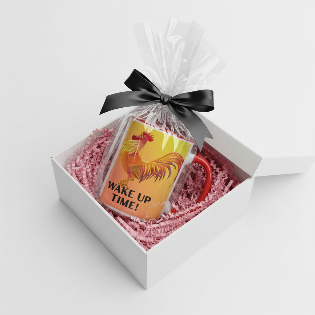 Wake Up Time Mug wrapped in clear cellophane with a black bow in an open white gift box with pink crinkle paper