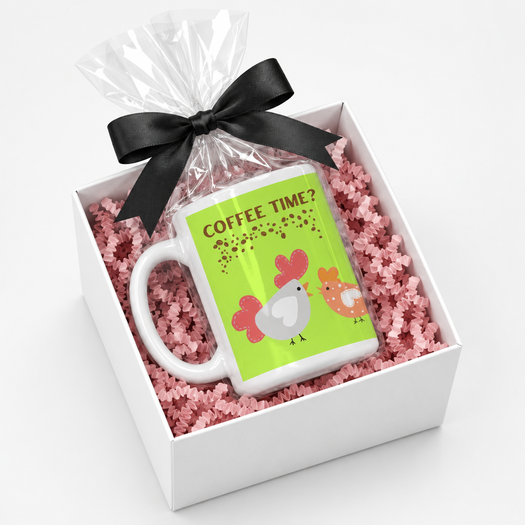 Coffee Time Mug in a white gift box with pink crinkle paper and black bow