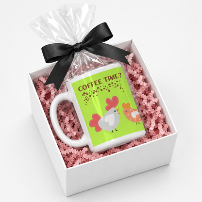 Coffee Time Mug in a white gift box with pink crinkle paper and black bow