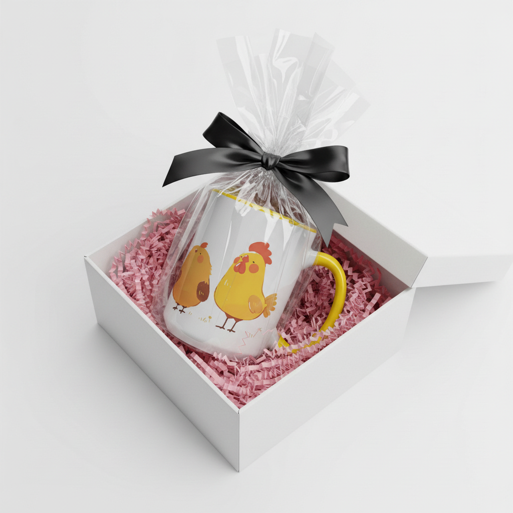 Fat Chickens Mug in a diagonal gift box with pink crinkle paper and black bow