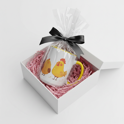 Fat Chickens Mug in a diagonal gift box with pink crinkle paper and black bow