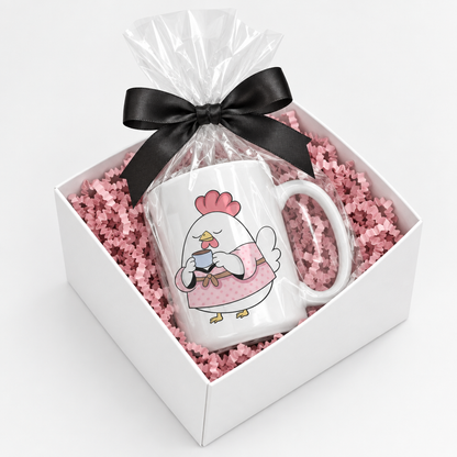Fat Chicken Wakes Up mug in a white gift box with pink crinkle paper and black bow