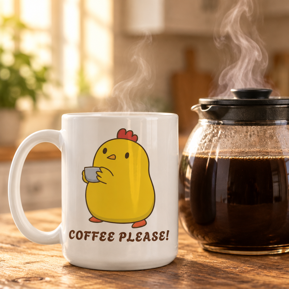 Chick Wants Coffee mug on a kitchen counter beside a steaming glass coffee pot