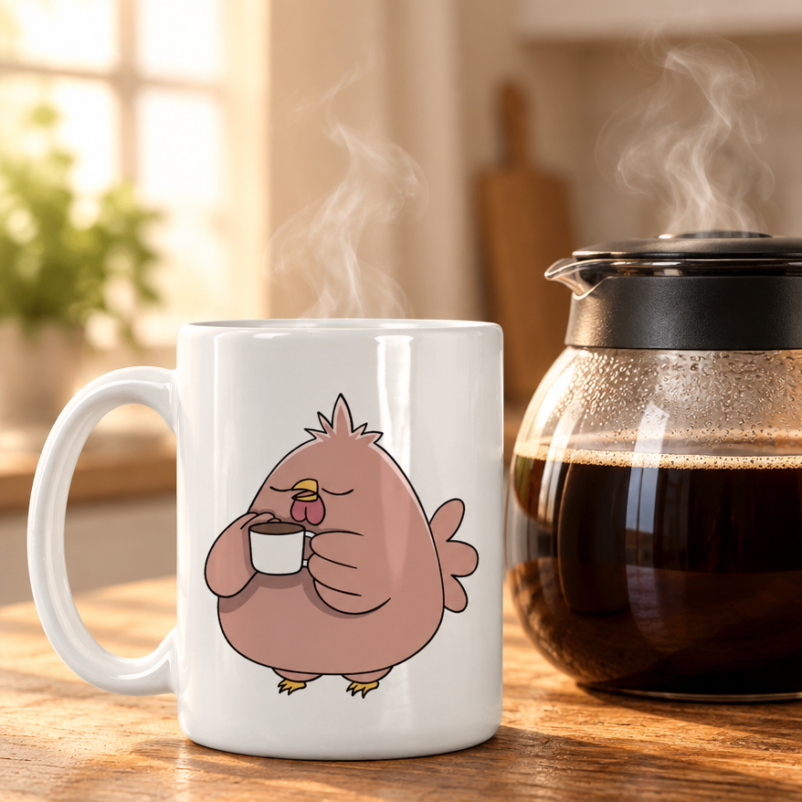 Fat Chicken Wakes Up mug on a kitchen counter beside a steaming glass coffee pot