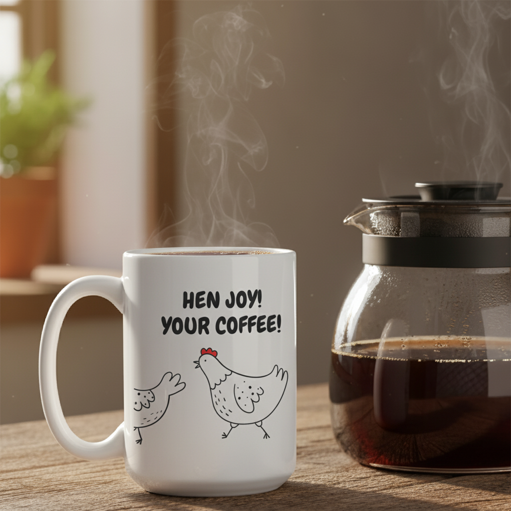 Hen Joy Your Coffee Mug with steaming coffee pot
