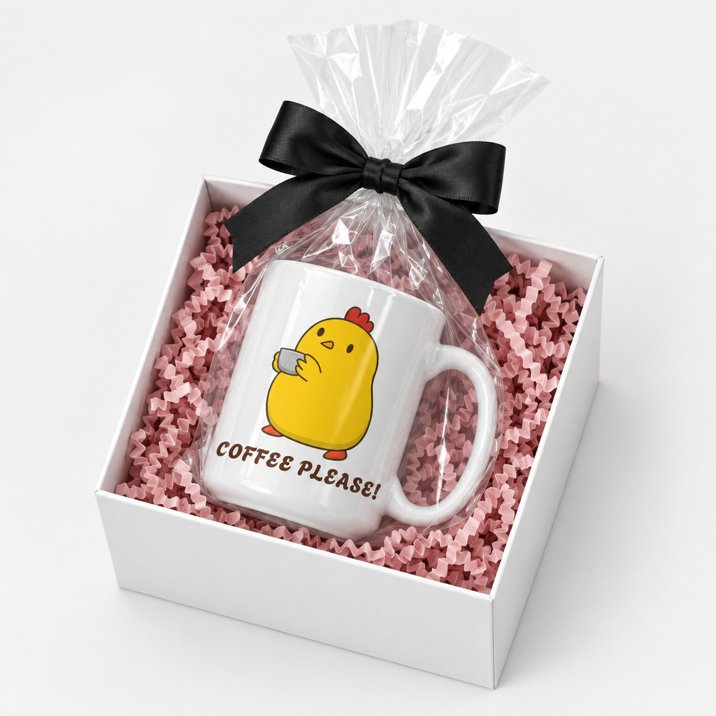 Chick Wants Coffee mug in a white gift box with pink crinkle paper and black bow