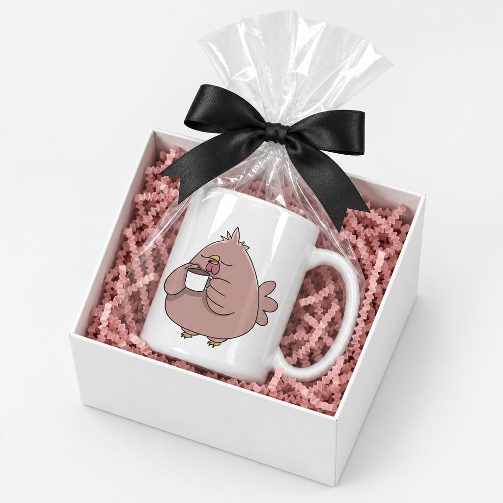 Fat Chicken Wakes Up mug in a white gift box with pink crinkle paper and black bow