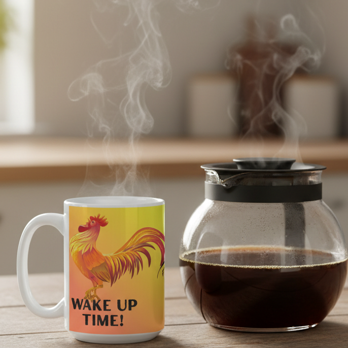 Wake Up Time Mug beside a steaming glass coffee pot in a warm kitchen