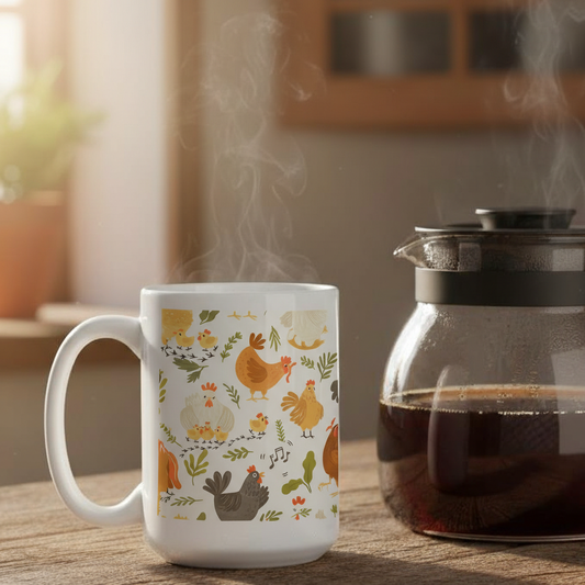 Lots of Silly Chickens mug with coffee pot
