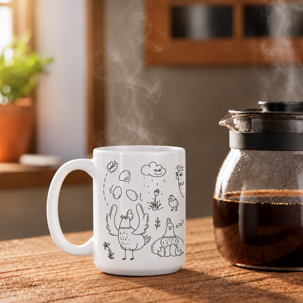 Playful Chickens mug with corrected scale and handle clearance