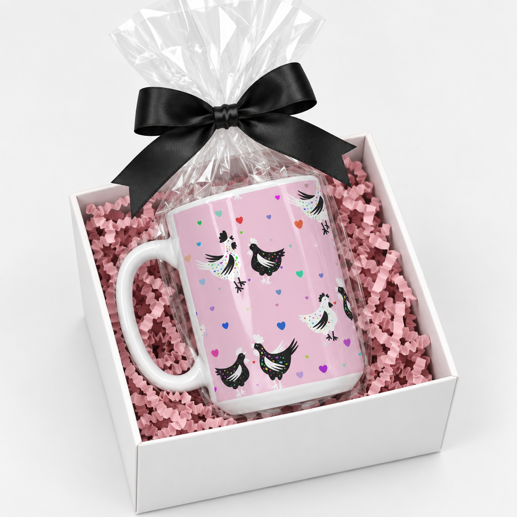 Pretty In Pink Chickens mug in gift-box presentation
