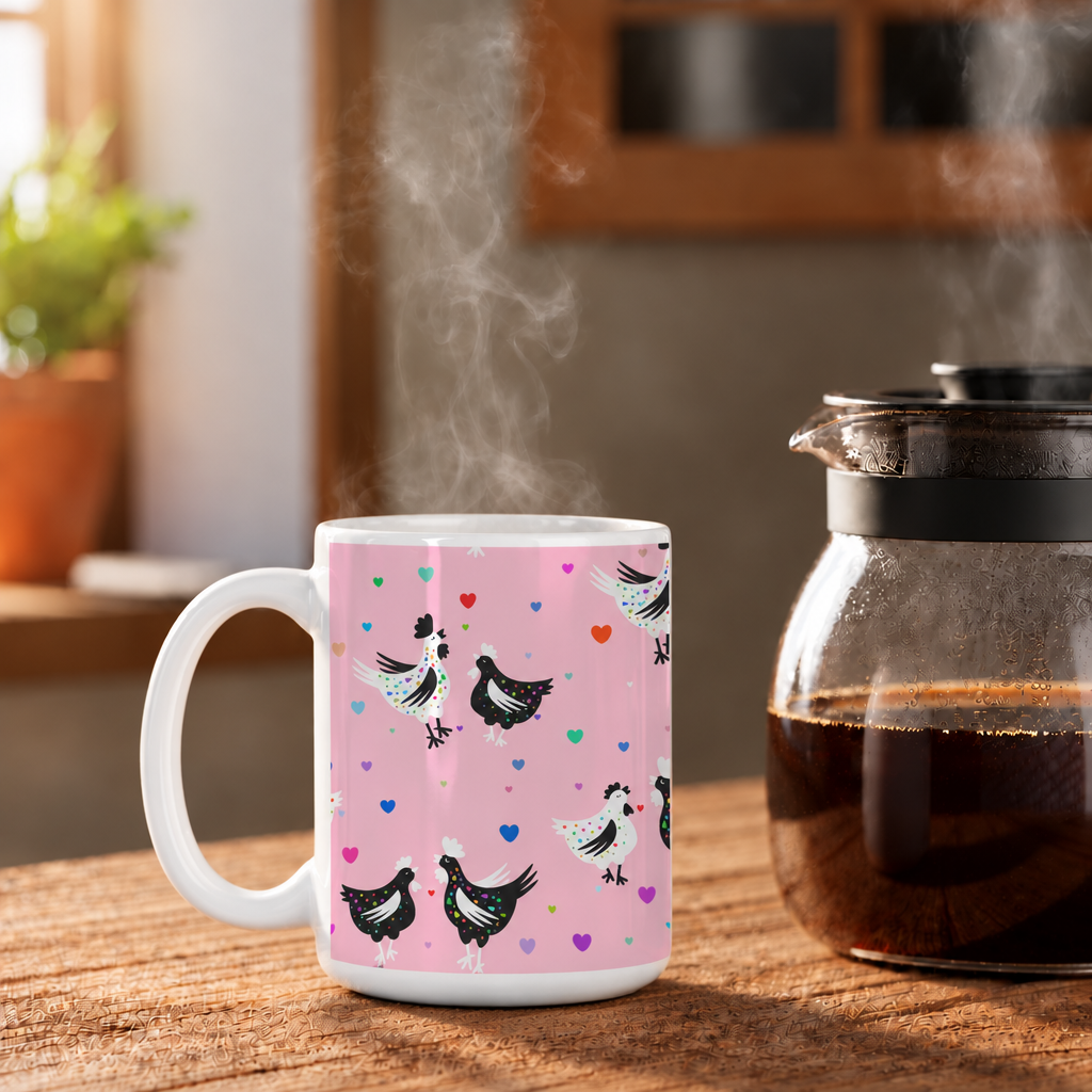 Pretty In Pink Chickens mug with corrected scale and handle clearance