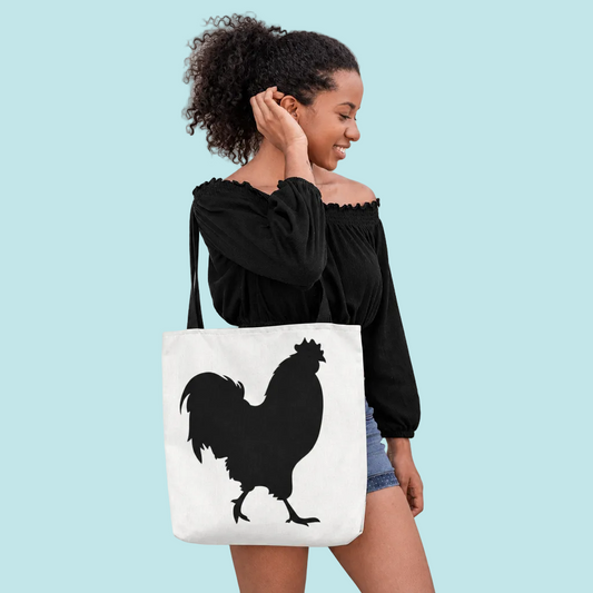 Rooster tote lifestyle mockup on a soft gray background