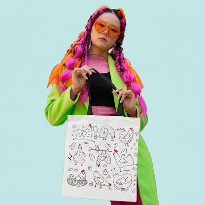Square colorful-model chicken tote mockup with black handles