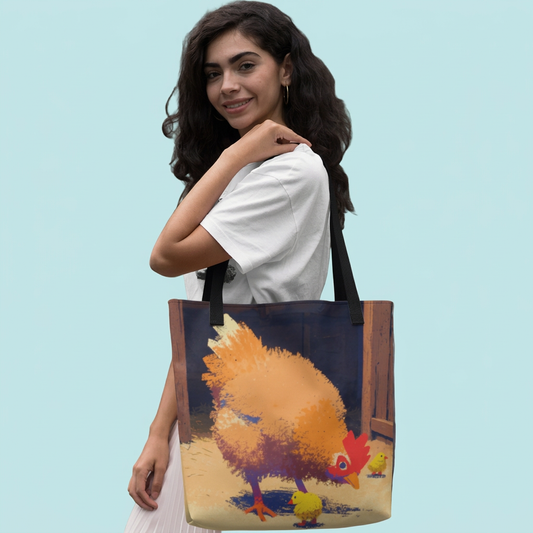 Square hen-and-chicks tote lifestyle mockup