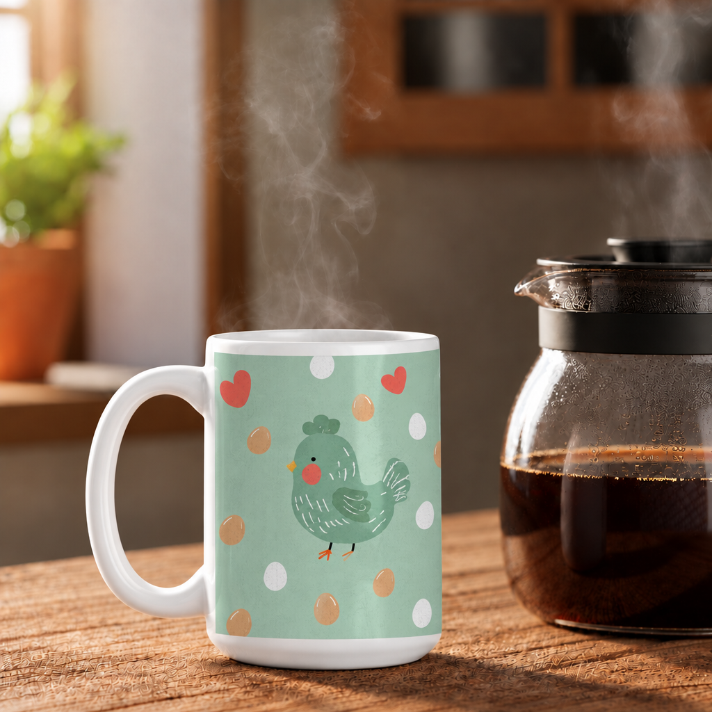 Whimsy Chicken Mug beside coffee pot